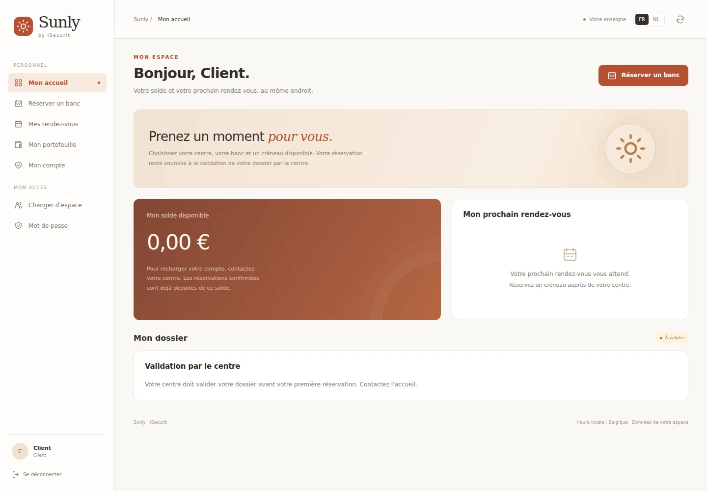Portail client Sunly avec solde et réservations personnelles